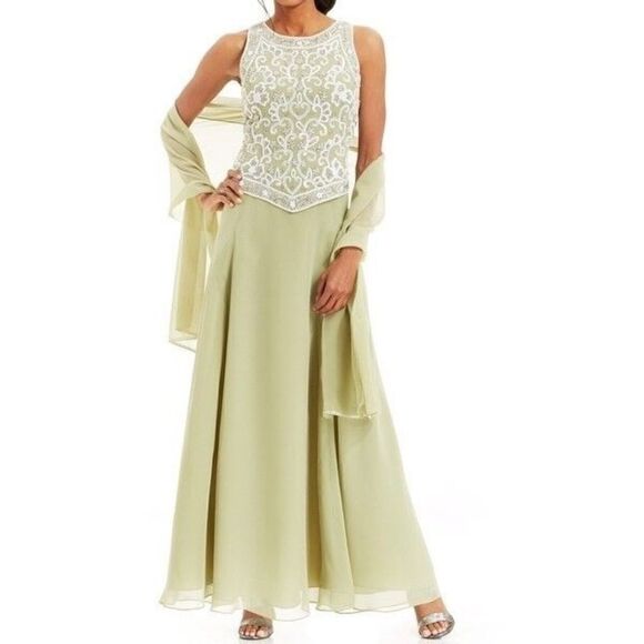 J Kara Gown Women’s Size 8 Green Long Length Beaded Bodice V-Trim Sleeveless - Picture 2 of 15